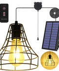Solar Pendant Lights With Pull Cord And Remote For Outdoor Indoor Use, wire cage design, solar panel, remote control, pull cord visible.