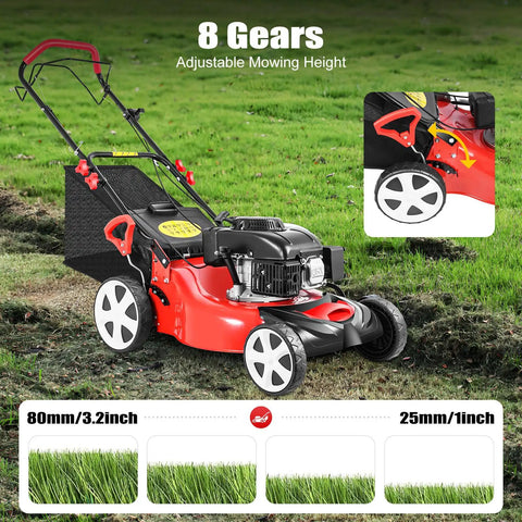 Powerful 140cc Self Propelled Gas Lawn Mower With 20 Inch Blade And 8 Position Adjustable Cutting Height For Large Yards And Estates Easy Start Rugged Steel Deck Mulching Capable No Sweat Mowing, red steel deck