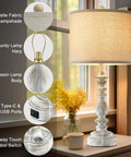 Farmhouse Table Lamps Set Of 2 With 3 Way Dimming, Vintage Bedside Lamps In White Finish With USB A And C Ports, shown lit on table