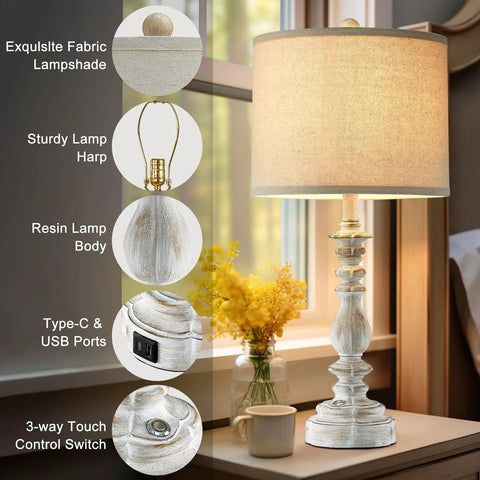 Farmhouse Table Lamps Set Of 2 With 3 Way Dimming, Vintage Bedside Lamps In White Finish With USB A And C Ports, shown lit on table