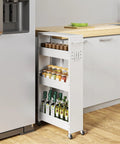 Slim 4 Tier Rolling Storage Cart For Tiny Spaces Space Saver Narrow Metal Utility Cart On Wheels With Handle, installed in kitchen