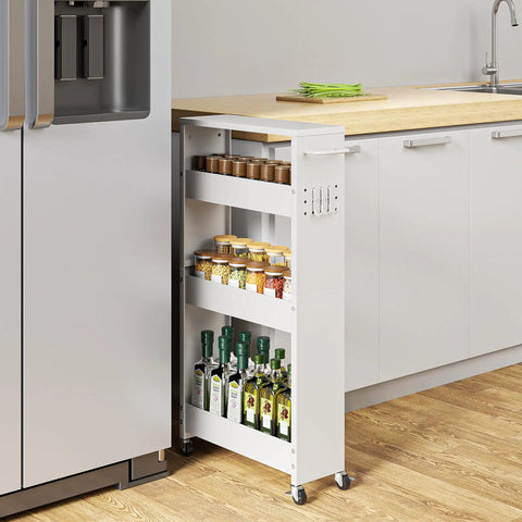 Slim 4 Tier Rolling Storage Cart For Tiny Spaces Space Saver Narrow Metal Utility Cart On Wheels With Handle, installed in kitchen