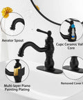 Matte Black Bathroom Faucet With 360 Degree Swivel, No Fuss Single Handle Vanity Sink Tap For 1 Or 3 Hole Install, 4 Inch Centerset With Cover Plate, Fits Under Counter Basins, Includes Pop Up Drain With Overflow showing aerator, valve core, and cover plate details.