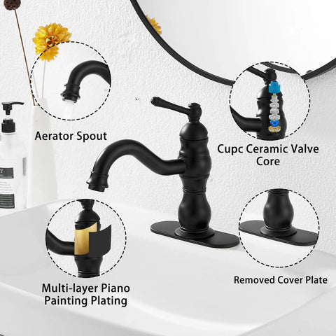 Matte Black Bathroom Faucet With 360 Degree Swivel, No Fuss Single Handle Vanity Sink Tap For 1 Or 3 Hole Install, 4 Inch Centerset With Cover Plate, Fits Under Counter Basins, Includes Pop Up Drain With Overflow showing aerator, valve core, and cover plate details.
