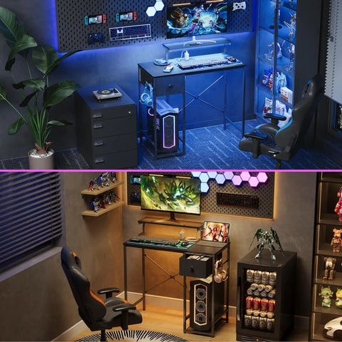 33.5 Inch Compact Gamer Desk With Remote RGB LED Lights And 3 In One Power Hub Monitor Stand CPU Stand Built In Storage Drawer And Side Hooks Space Saving Gaming Table For Home Office Or Bedroom Black showcasing dual gaming setups.