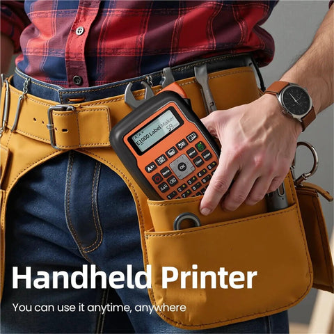 Slick E1000 Pro Handheld Portable Label Printer For Fast Industrial Marking On Multiple Surfaces With Hella Efficient Personalized Adhesive Labels And Boss Level Workspace Organization Tool In Classic Gray, held in tool belt.
