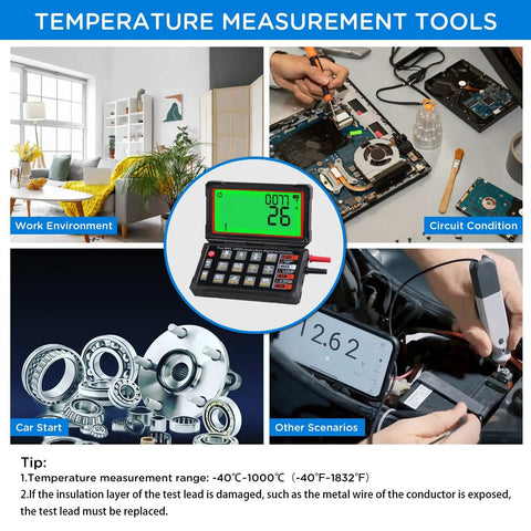 Various uses for All In One Digital Multimeter With NCV Auto Range And Live Line Detection, including automotive and circuit testing.
