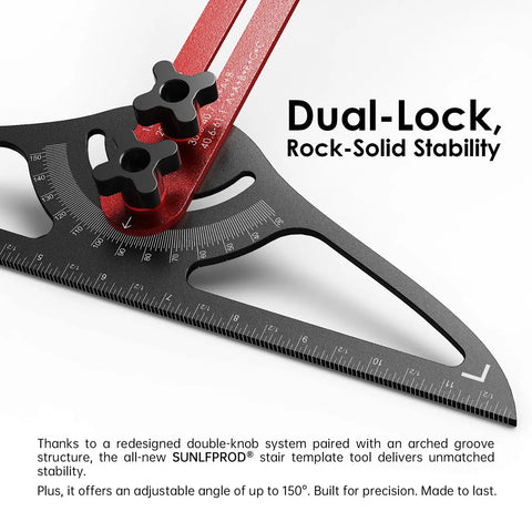 Close-up of Heavy Hitter Stair Tread Template Tool With Double Nut Locking Design showcasing dual locking knobs and angle adjustments.