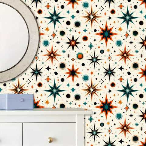 Retro Starburst Peel And Stick Wallpaper Roll With Heavy Duty Self Adhesive Backing For Instant Accent Wall Makeovers That Hit Different With Bold Geometric Patterns And Offer Zero Fuss Transformation Across Any Room. Close-up of colorful starburst pattern on wallpaper with mirror and drawer.