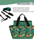 Waterproof Garden Tool Bag With 8 Side Pockets And Big Main Compartment, Durable 600D Oxford Tote, green floral pattern, tools included