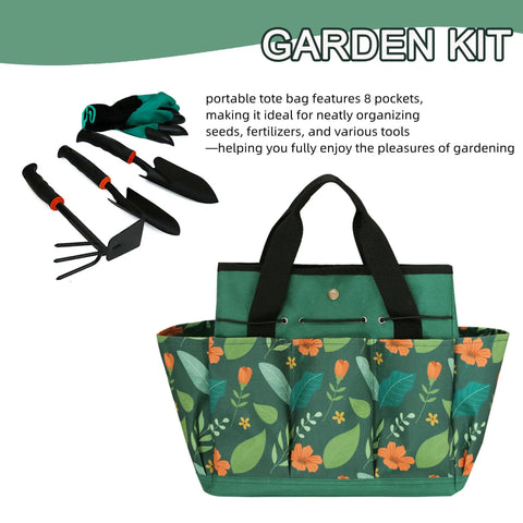 Waterproof Garden Tool Bag With 8 Side Pockets And Big Main Compartment, Durable 600D Oxford Tote, green floral pattern, tools included