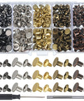 150 Sets Solid Chicago Screws And Leather Rivets In Mixed Colors With Zero Hassle Install Tools showing various rivets and screws in a storage case.