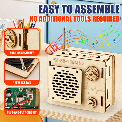 DIY FM Radio Kit For Beginners Build Your Own 88 To 108 MHz Radio Toy displayed with snap-on assembly and circuit board features.