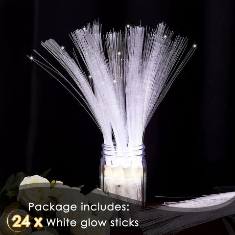 White Fiber Optic Wands Glow Sticks Light Up LED Sparklers For Weddings And Parties, 14 Inch, 24 Pieces, 3 Light Modes in a jar