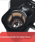 Close-up of 12 Cup Coffee Maker With Built In Grinder And Brew System For Fresh Ground Coffee Every Morning Programmable Auto Start Easy To Use Black Finish For Busy Mornings And Fresh Cup Every Time showing integrated grinder.