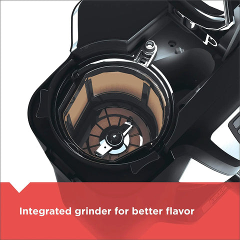 Close-up of 12 Cup Coffee Maker With Built In Grinder And Brew System For Fresh Ground Coffee Every Morning Programmable Auto Start Easy To Use Black Finish For Busy Mornings And Fresh Cup Every Time showing integrated grinder.