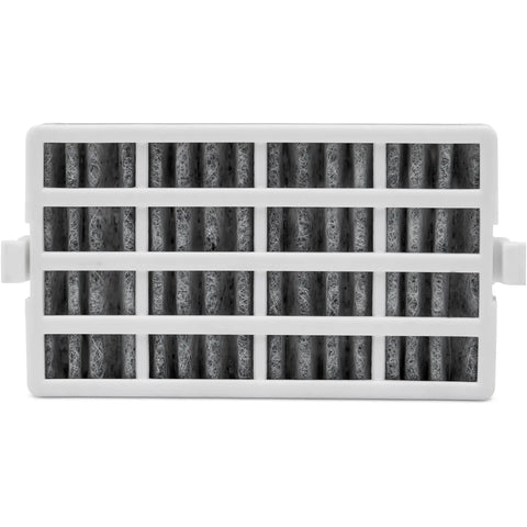 Front view of FreshFlow Activated Carbon Refrigerator Air Filter Replacement 3 Pack For Whirlpool Maytag Kitchenaid Jenn Air AIR1 W10311524 Compatible Odor Busting Fridge Freshening showing gray filter grid.