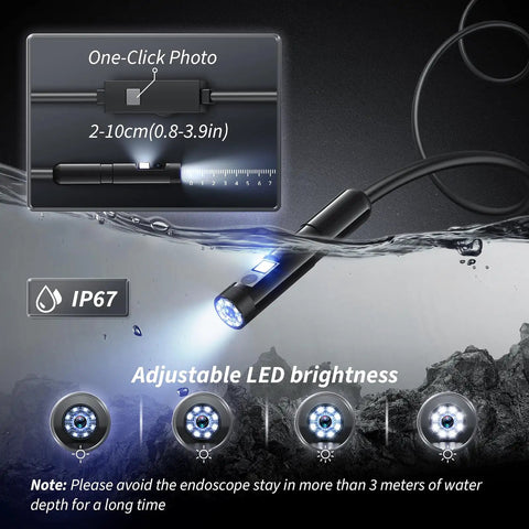Dual Lens 1920P HD Endoscope Camera With 8 LED Lights in water demonstrating IP67 waterproof feature