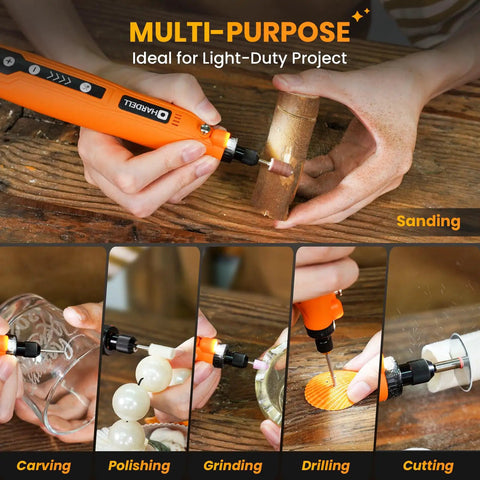 Slick Mini Battery Rotary Tool With Bright Led Beam And Five Adjustable Speeds Up To Eighteen K Rpm for precise sanding on wooden piece.