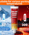 Extreme Heat Silicone Sealant For Grills And Ovens, Waterproof And Insulating Adhesive With High Arc Resistance, Withstands Minus 50 To 250 Celsius, Transparent 100Ml, Great For Microwave Ovens And Kitchen Repairs package showing temperature range.
