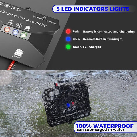 10 Amp MPPT Solar Charge Controller For 12V Systems IP68 Waterproof With LCD Display submerged in water, demonstrating LED indicators
