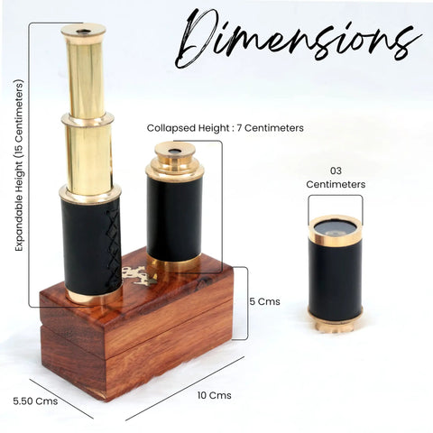 Dope Little Pocket Spyglass Handheld Brass Telescope With Rosewood Box 6 Inch Polished Brass Solid Brass Construction And Leather Trim Pirate Navigation Gift For Sailors And Collectors, shown extended and collapsed