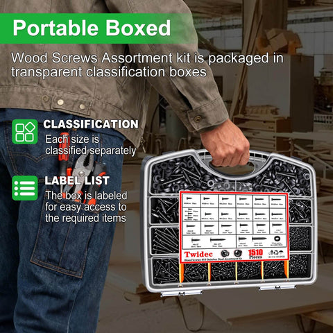 Person holding 410 Stainless Steel Wood Screw Set, DIY Friendly Assortment Kit with labeled box for woodworking projects