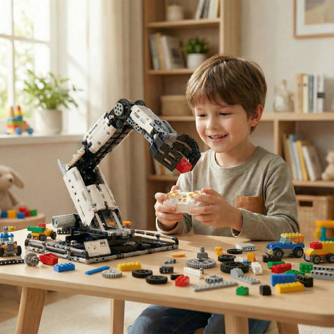 STEM educational remote-control robotic arm kit (Amazon); white and black modular arm with controller on a table