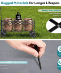 49 Inch Foldable Collapsible Grocery Wagon Cart With 440 Lb Capacity on grass with barrels, steel frame, fabric close-up.