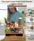Slick Two Tier Coffee Bar Organizer With Clear Acrylic Window Top And Built In Drawer, Compact Countertop Storage Box For Coffee Pods And Mugs on wooden kitchen counter.