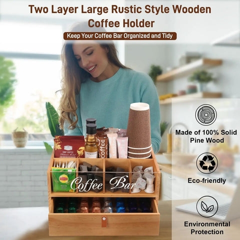 Slick Two Tier Coffee Bar Organizer With Clear Acrylic Window Top And Built In Drawer, Compact Countertop Storage Box For Coffee Pods And Mugs on wooden kitchen counter.