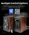 Hi Res 2.0 Powered Bookshelf Speakers with Planar Magnetic Tweeters and remote, showing control options