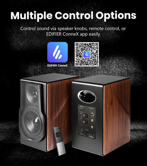 Hi Res 2.0 Powered Bookshelf Speakers with Planar Magnetic Tweeters and remote, showing control options