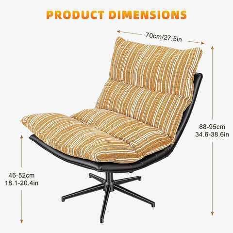Big Comfy Rocking Swivel Chair With 360 Degree Spin And Adjustable Backrest, yellow stripe fabric with dimensions shown