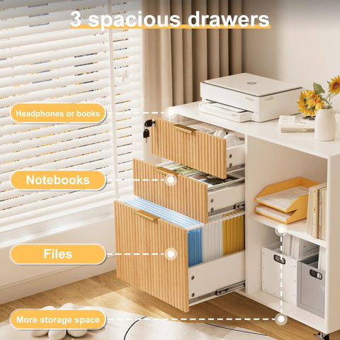 Smooth Rolling Three Drawer Lateral Filing Cabinet With Secure Locks And Sleek Fluted Finish, Solid Oak Mobile Desk Organizer Plus Roomy Printer Stand For Effortless Home Office Storage Stash featuring open drawers with notebooks and files.