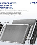 Premium Aftermarket Radiator For Complete Engine Cooling System Heavy Duty Replacement Part Built Tough With Straight Swap Installation showing aluminum tubes and oil cooler.