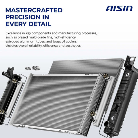 Premium Aftermarket Radiator For Complete Engine Cooling System Heavy Duty Replacement Part Built Tough With Straight Swap Installation showing aluminum tubes and oil cooler.