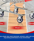 Shopping cart with 8 Pack 5 Inch TPU Silent Shopping Cart Wheels Kit, rolling on tile, wood, cement surfaces.