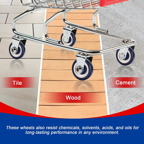 Shopping cart with 8 Pack 5 Inch TPU Silent Shopping Cart Wheels Kit, rolling on tile, wood, cement surfaces.