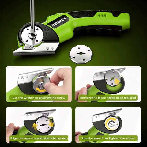 Heavy Duty Cordless Electric Box Cutter With Powerful 320Rpm Motor And Auto-Feed Scissors Design For Effortless Cardboard Cutting showing blade replacement steps.