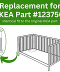 Replacement for IKEA Part #123756 showing a detailed screw image and a crib frame illustration for assembly.
