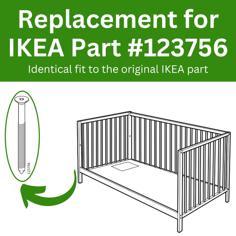 Replacement for IKEA Part #123756 showing a detailed screw image and a crib frame illustration for assembly.