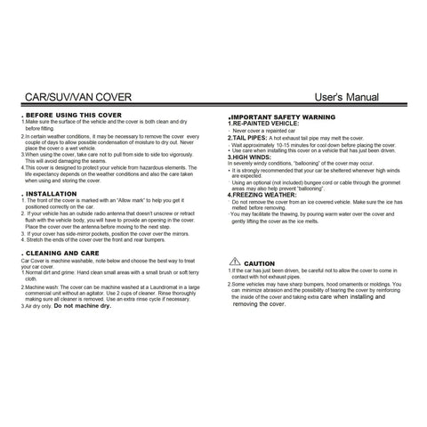 Car/SUV/Van Cover User's Manual with precautions, installation steps, and care instructions.