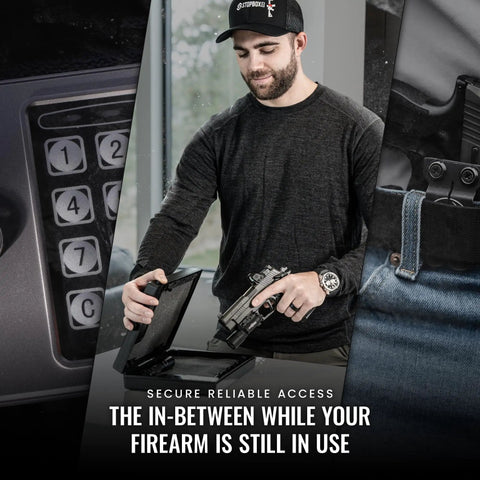 Man using compact mechanical handgun lock box for instant access portable safe case for quick access handgun storage