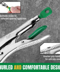 Long Nose Locking Pliers 9.5 Inch With Ergonomic Anti Slip Handle, Premium CRV Steel, close-up of knurled grip and adjustment screw.