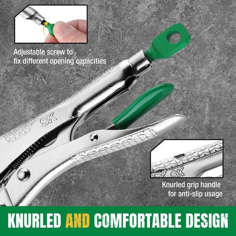 Long Nose Locking Pliers 9.5 Inch With Ergonomic Anti Slip Handle, Premium CRV Steel, close-up of knurled grip and adjustment screw.