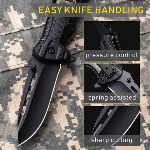 Close-up of 3.74 Inch Sharp Blade Folding Knife with Fire Starter Whistle Paracord Handle on camouflage fabric.