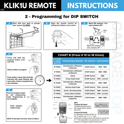 Universal Garage Door Remote 2 Pack For Two Doors With Learn Button And Dip Switch Replaces KLIK1U 375UT 375LM programming instructions