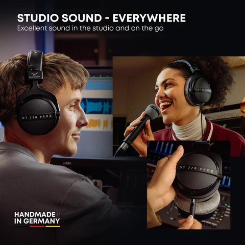 DT 770 Pro X Wired Studio Headphones 48 Ohm Closed Back For Recording And Mixing worn by two people and displayed in close-up.