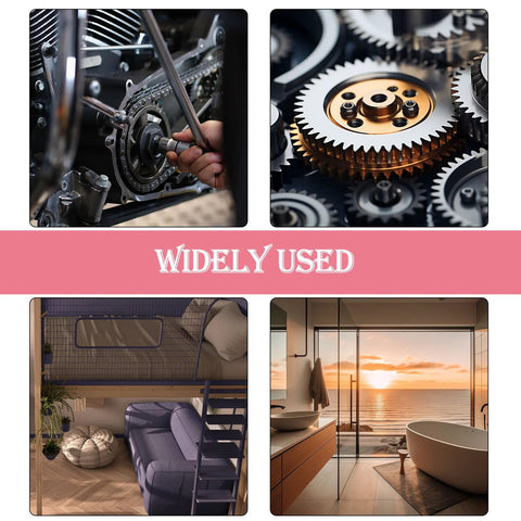 Finishing cup countersunk washer set, stainless steel, 300 pcs (#6 to #12); collage of gears, tools, and home interiors
